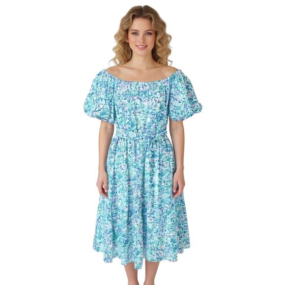 Lilly Pulitzer NEW Tamie Off The Shoulder Dress SZ XL Surf Blue Soleil It on Me - Picture 4 of 14